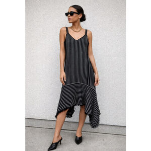 Derek Lam 10 Crosby Asymmetrical Knit Dress Black White Fringe Hem Size 8 Stripe
